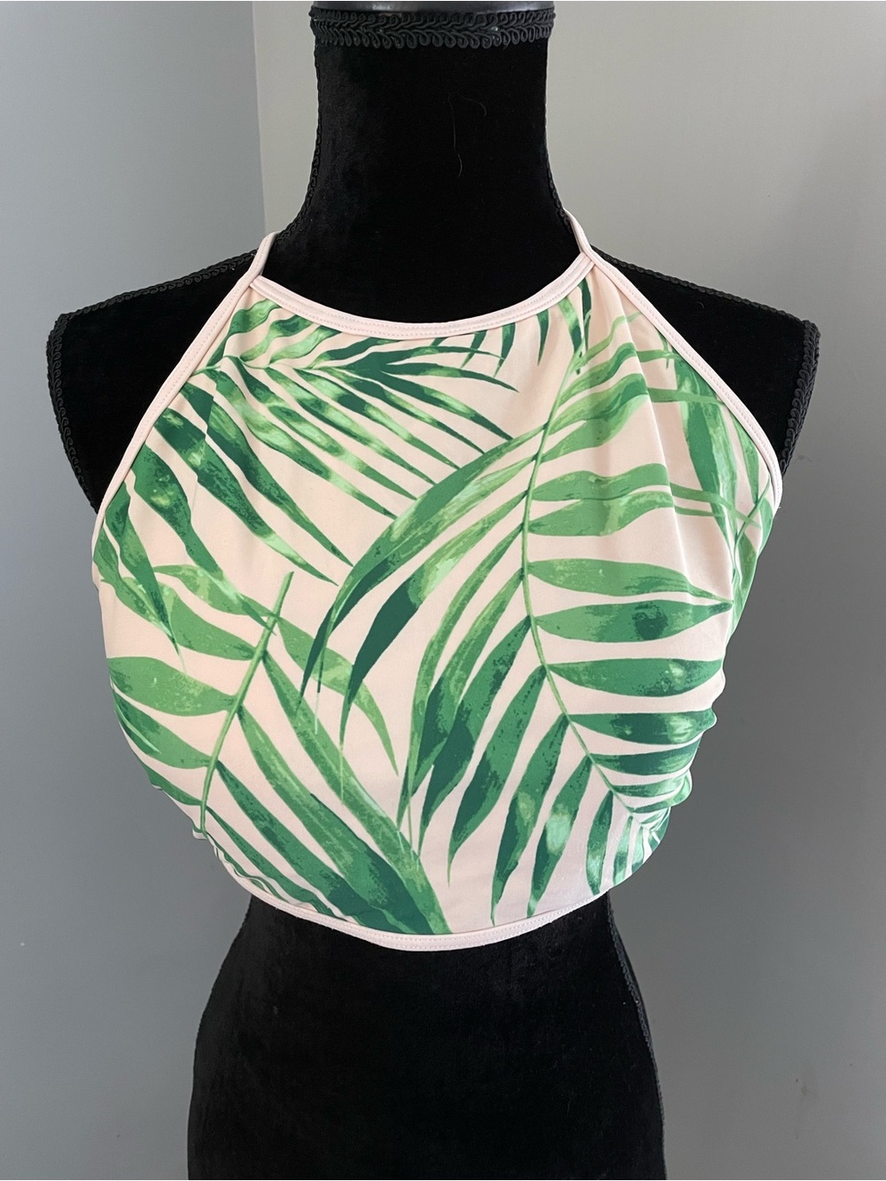 aerie tropical high neck Halter bikini Top with Green Palm Print